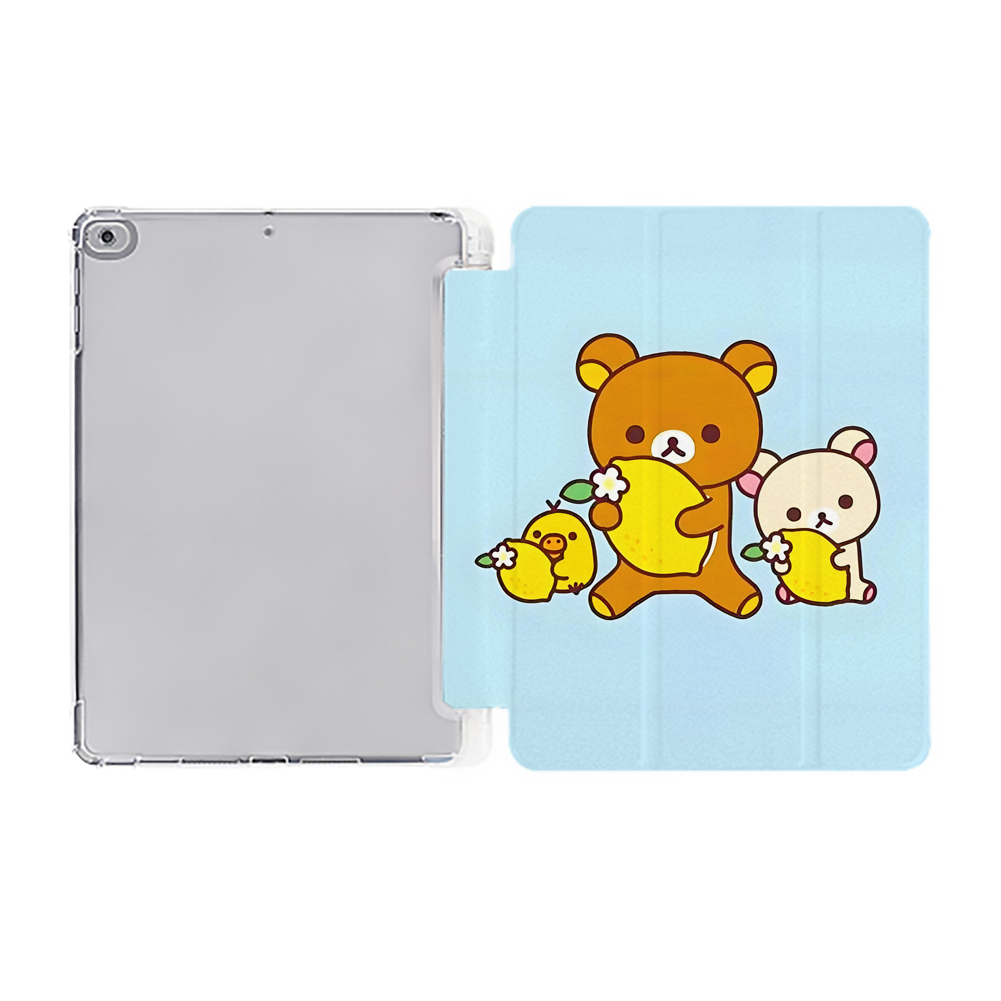 （画像用） リラックマ リラックマ キイロイトリ Rilakkuma Korilakkuma Kiiroitori IPad ケース ペン収納付き 三つ折りスタンド PUレザー×シリコン 対応機種9.5/10.5/10.9インチ